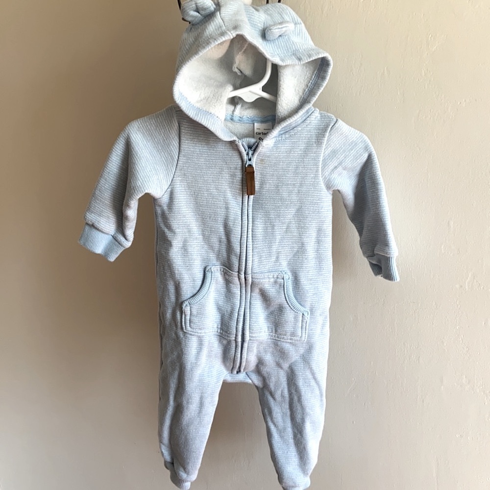 Carter’s light blue stripe zip up sherpa lined one piece with hood size 9 months